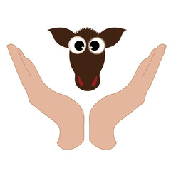 Vector illustration of a hand in a defensive gesture protecting a cow. Symbol of animal, farm, cattle, humanity, care, protection, veterinary.