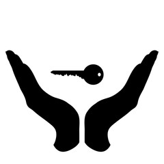 Vector silhouette of a hand in a defensive gesture protecting a key. Symbol of home,house,protection,