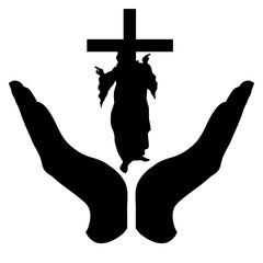Vector silhouette of a hand in a defensive gesture protecting a God with cross. Symbol of religion,christianity, protection,faith,
