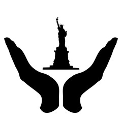 Vector silhouette of a hand in a defensive gesture protecting a Statue of Liberty. Symbol of New York,America, protection,