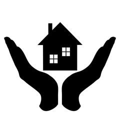 Vector silhouette of a hand in a defensive gesture protecting a house. Symbol of insurance, home,real estate, protection,