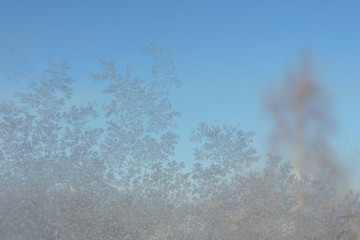 A close-up of beautiful ice flowers on a window, blue sky in the background © E-lona