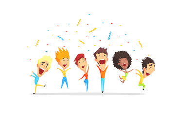Fototapeta premium Happy Smiling People Having Fun, Young Men and Women Jumping Cartoon Vector Illustration