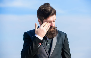 Stylish and confident. tired hipster. Charismatic male. Businessman against the sky. Future...