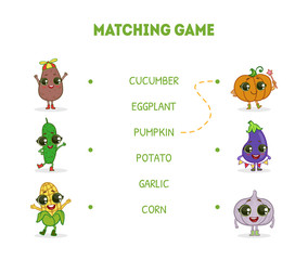 Game with Cute Funny Vegetables Characters, Word Matching Quiz Educational Game for Kids Vector Illustration