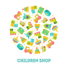 Children Shop Banner Template with Cute Toys in Circular Shape Vector Illustration