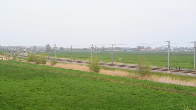 Train of the Dutch national railways, Nederlandse Spoorwegen or NS, driving through a spring landscape.