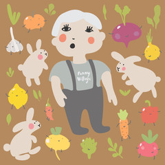 Cute kawaii smiling fruits. Healthy style collection. Vector illustration