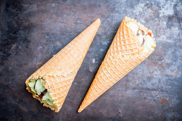 Fresh pistachios ice cream on the rustic background. Selective focus. Shallow depth of field.