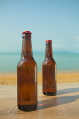 Two Brown Beer bottles on the beach on the background of the sea and sky