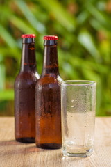 Brown beer bottles on a table on a green background