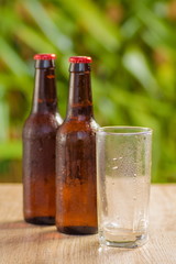 Brown beer bottles on a table on a green background