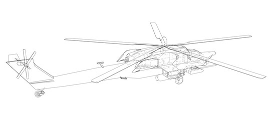 Helicopter in outline style. Created wireframe illustration of 3d