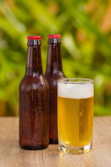 Brown beer bottles on a table on a green background