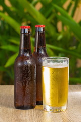 Brown beer bottles on a table on a green background
