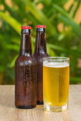 Brown beer bottles on a table on a green background
