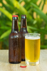Brown beer bottles on a table on a green background