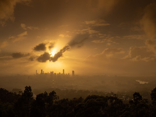 Brisbane City sunrise with dramatic mist