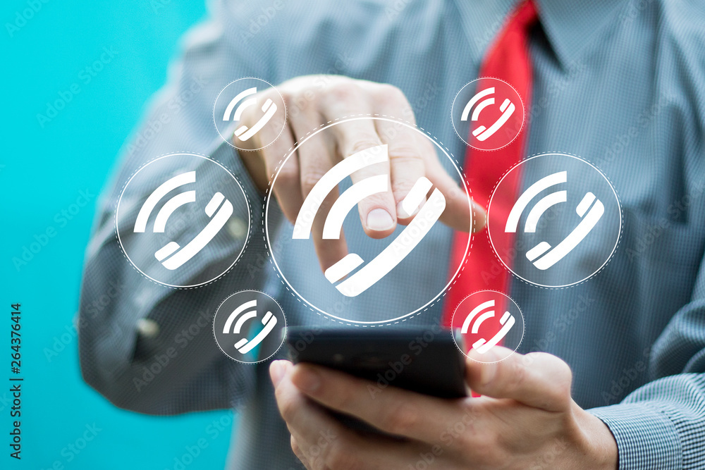 Poster businessman presses button phone on virtual electronic user interface and call.
