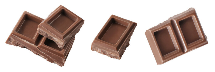 Collection of chocolate pieces, isolated on white background