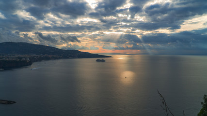 Meta, Sorrento, port bay,  comune Naples, travel, hotels, beautiful clouds. Travel to Europe, italy vacation, cruise liner, sun light lines, transportations