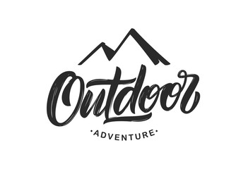 Handwritten Modern brush lettering composition of Outdoor adventure with silhouette of mountains.