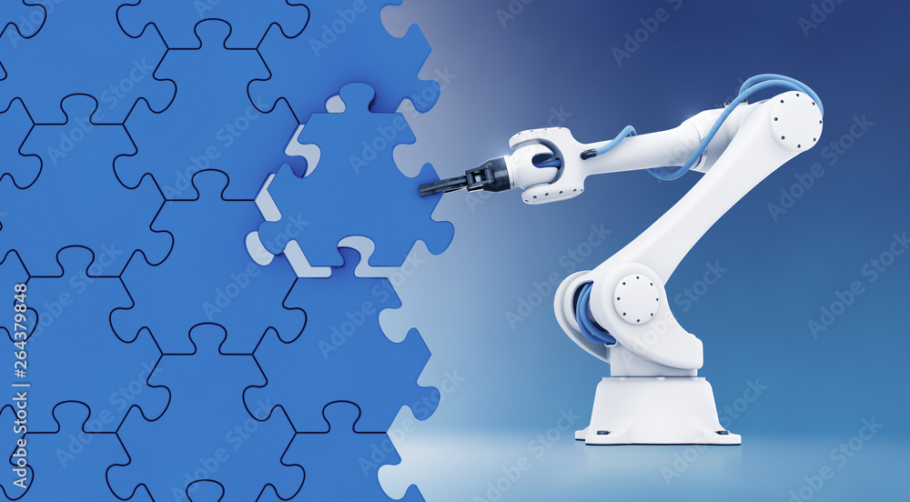 Poster action show of industrial robotics. a mechanical arm of an industrial robot that assembling a wall f