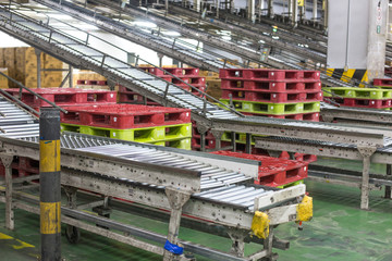 Factory roller conveyor system for transporting crates