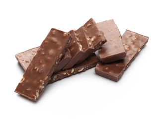 Chocolate with hazelnuts isolated on white background