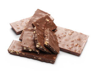 Chocolate with hazelnuts isolated on white background