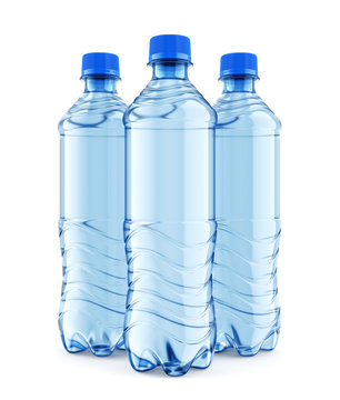 Three plastic bottles of still water with blue cap