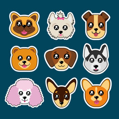 Fashion patch badges with corgi, husky, dog, poodle, boxer, bulldog and other. Very large set of girlish and boyish stickers, patches in cartoon isolated.Trendy print for backpacks, things,clothes