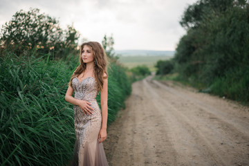 Fototapeta premium beautiful young girl in a summer dress in a field on a background of green grass