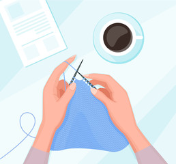 Two hands hold knitting needles and knitting. Cartoon vector illustration