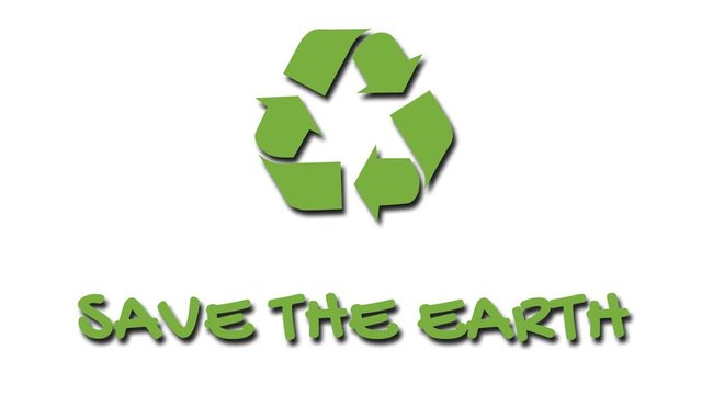 Animation of recycling icon with 'green' slogan - Save The Earth. Green on white