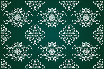 Floral seamless pattern hand drawn traditional ornament decoration mixed with victorian style. Geometry each side for fashion fabric, knit, textile, batic. Green background.