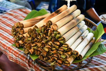 Thai street food, Thailand dessert, Glutinous rice roasted in bamboo