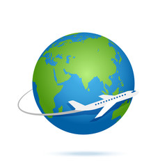 Airplane fly around the planet Earth. Vector logo icon