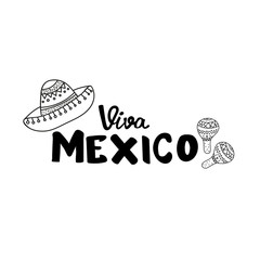 Coloring Page,Book and Antistress freehand sketch.Viva Mexico hand lettering.Vector calligraphy with mexican sombrero,maraca.Used for greeting card,poster design.Vector illustration