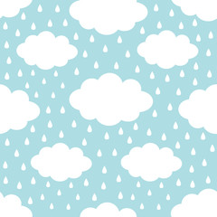 Seamless Pattern. White cloud in the sky. Rain drop. Cute cartoon kawaii funny baby kids decor. Wrapping paper, textile template. Nursery decoration. Blue background. Flat design.