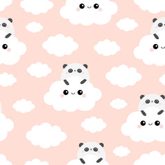 Panda bear face holding cloud in the sky. Seamless Pattern. Cute cartoon kawaii funny smiling baby character. Wrapping paper, textile template. Nursery decoration. Pink background. Flat design.