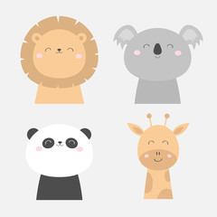 Lion Koala Panda bear Giraffe face head icon set. Kawaii animal. Cute cartoon character. Funny baby kids print. Love Greeting card. Flat design. White background. Isolated.