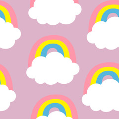 Cloud Colorful Rainbow. Seamless Pattern. Cute cartoon kawaii funny baby kids decor. Wrapping paper, textile template. Nursery decoration. Violet background. Flat design.