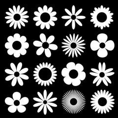 White daisy chamomile silhouette icon. Camomile super big set. Cute round flower head plant collection. Love card symbol. Growing concept. Flat design. Black background. Isolated.