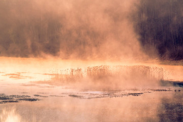 View of the Rumba Falls in the city of Kuldiga, Latvia. Early spring morning. 