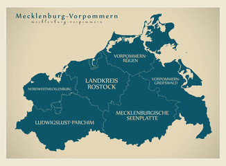 Modern Map - Mecklenburg Western Pomerania map with counties and labels