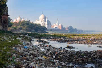 Indias contrast of ugly pollution and stunning beauty, The banks of Yamuna River polluted with...