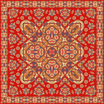 Ancient Arabic square pattern. Red Persian ornament for fabric design, interior decoration, textile scarf, carpet.