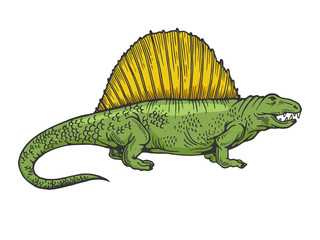 Dimetrodon dinosaur prehistoric extinct animal color sketch engraving vector illustration. Scratch board style imitation. Black and white hand drawn image.