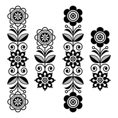Scandinavian floral design elements, folk art patterns - long stripes in black and white